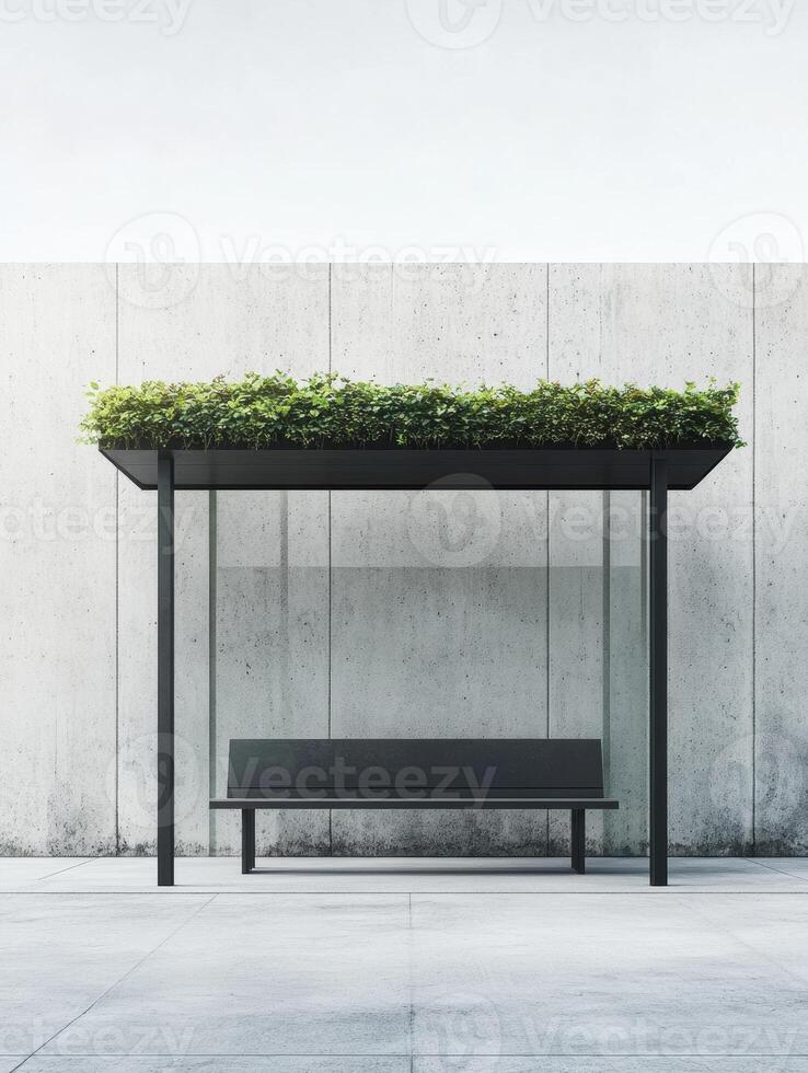 Minimalistic urban bus stop with green roof in high fidelity architectural design photo