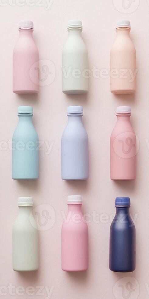 Ultra realistic image of pastel colored reusable water bottles for eco friendly design photo
