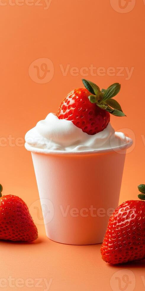 Strawberry on whipped cream in minimalist set for food design photo