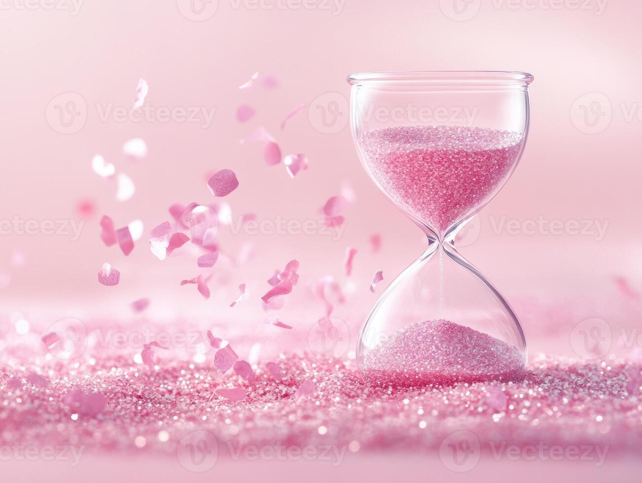 Transparent glass hourglass with soft pink sand and floating petals aesthetic photo
