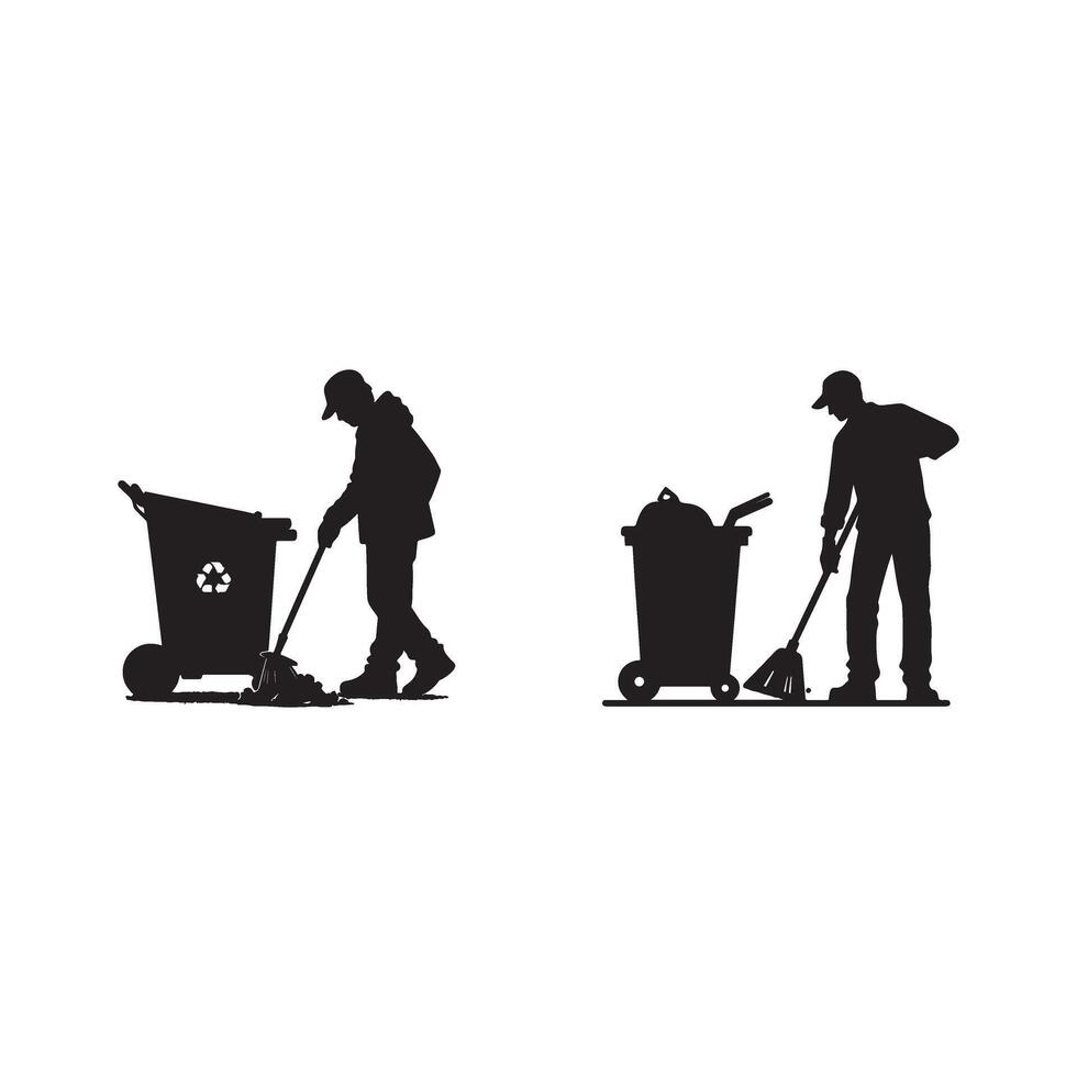 Silhouettes of a man with a garbage can and a trash can vector
