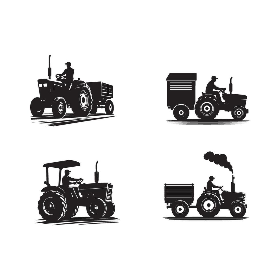 Four silhouettes of tractors and trucks vector