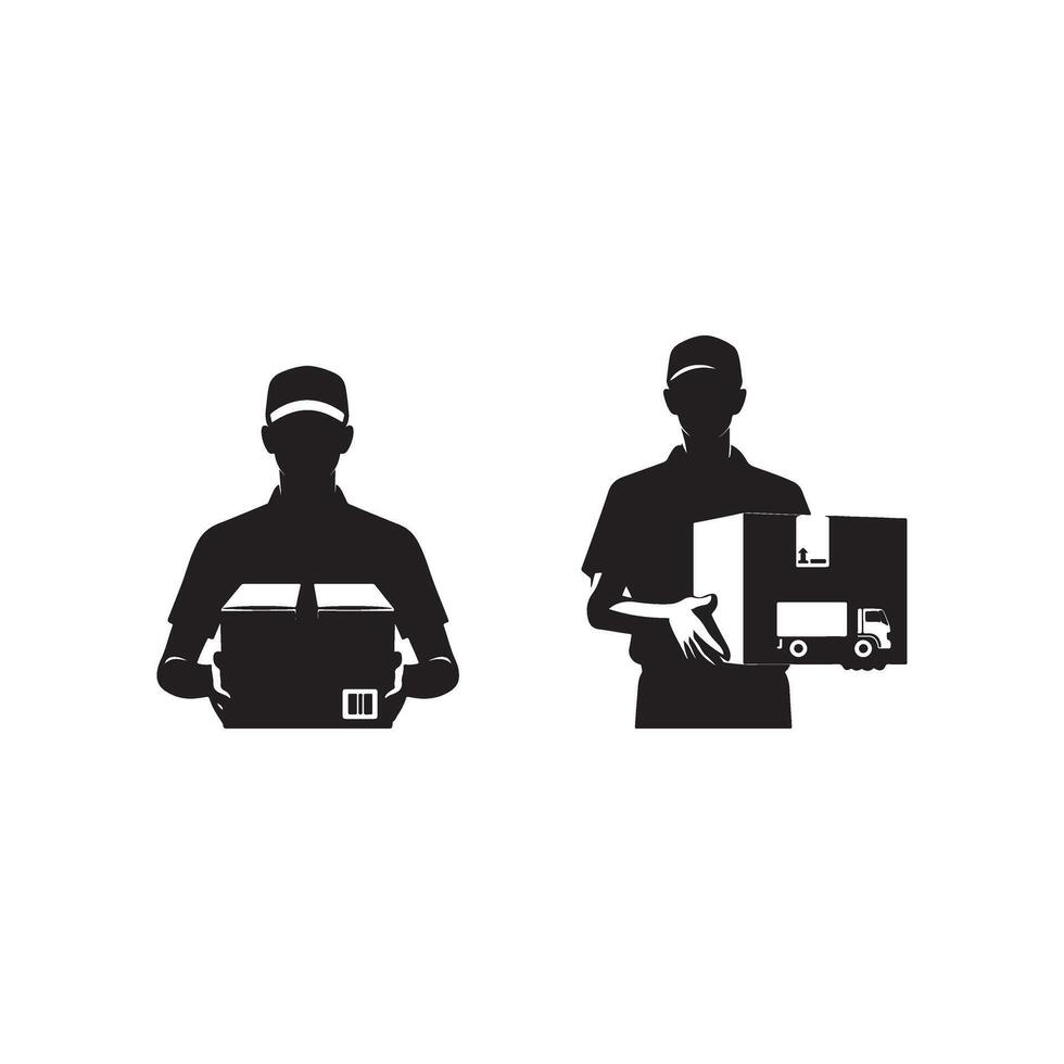 two silhouettes of delivery men holding boxes vector