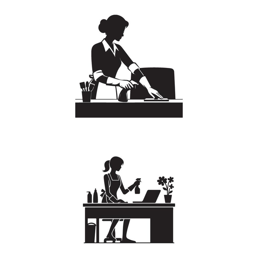 Silhouettes of a woman working at her desk vector