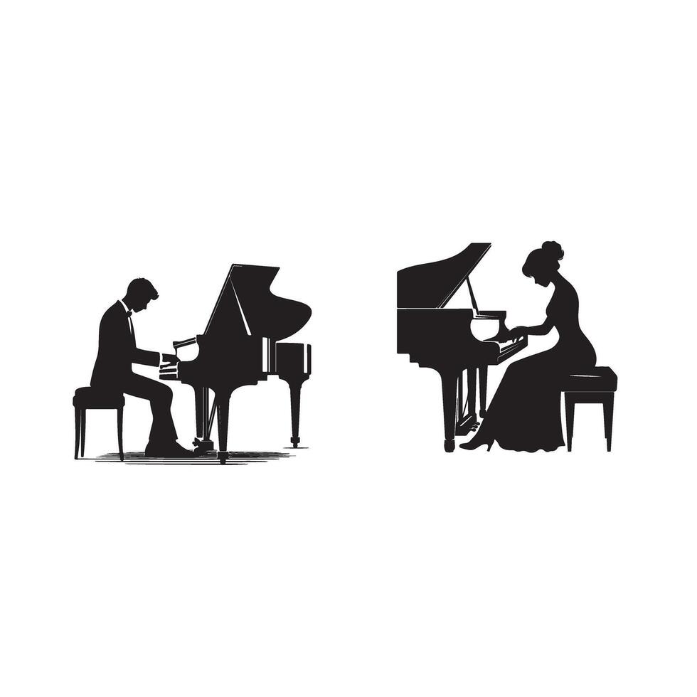 Silhouettes of a man and woman playing a piano vector