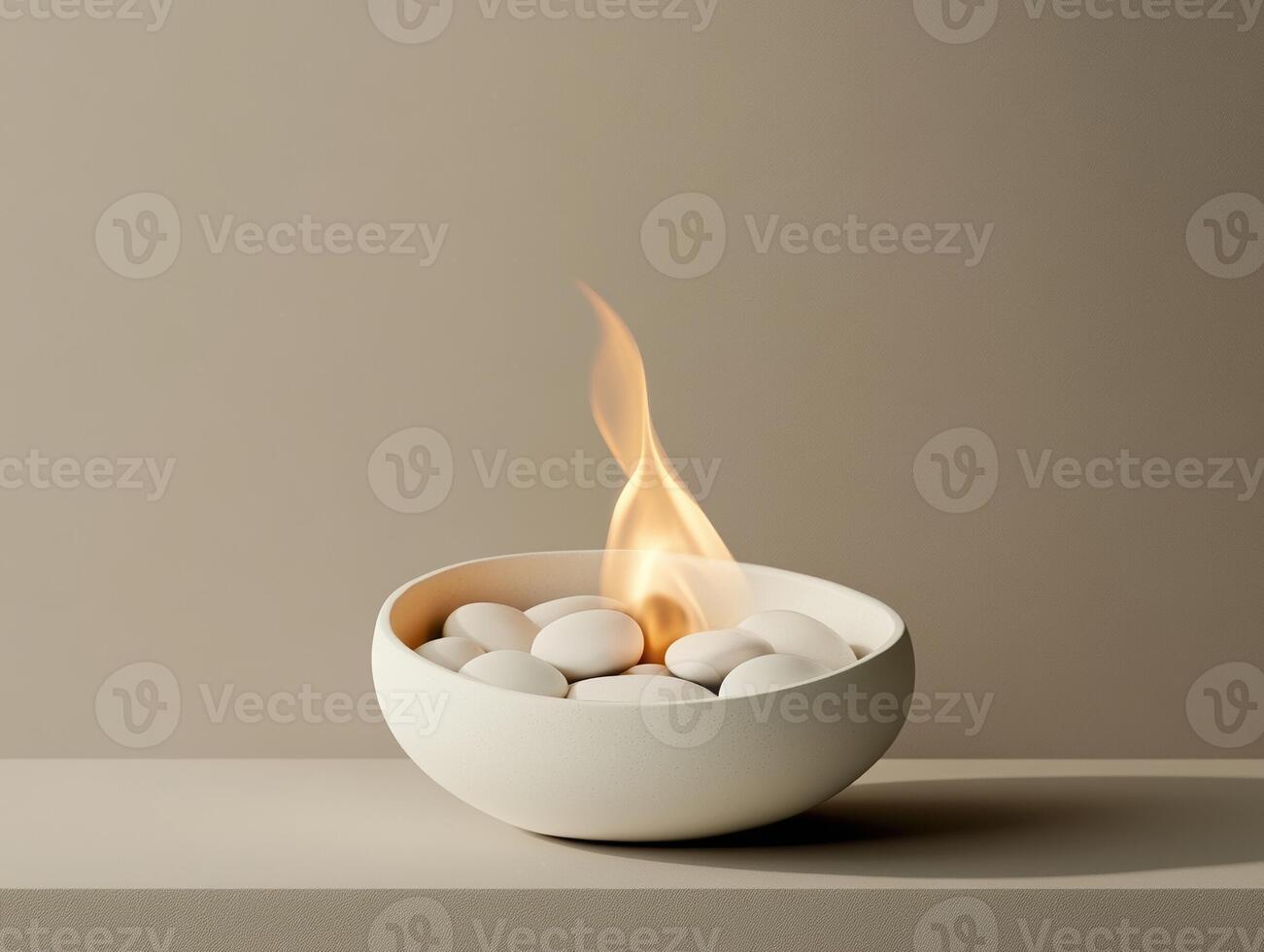 Minimalist decorative tabletop design featuring elegantly arranged white stones and flame element photo