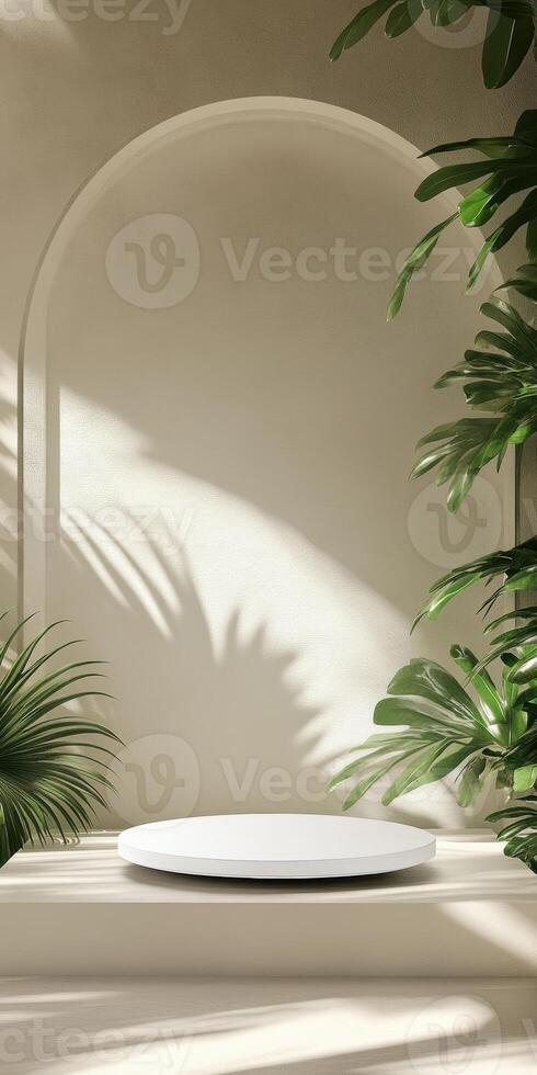 Elegant white platform with organic curves in serene tropical setting for interior design inspiration photo