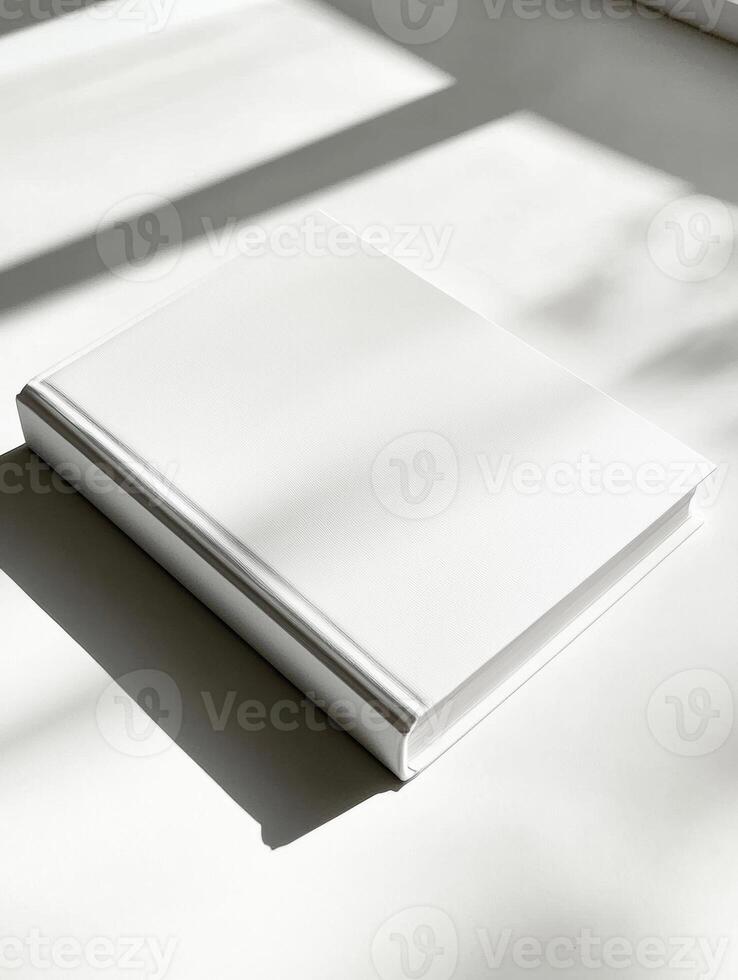 Blank hardcover book lying on bright white surface for mockup and design use photo