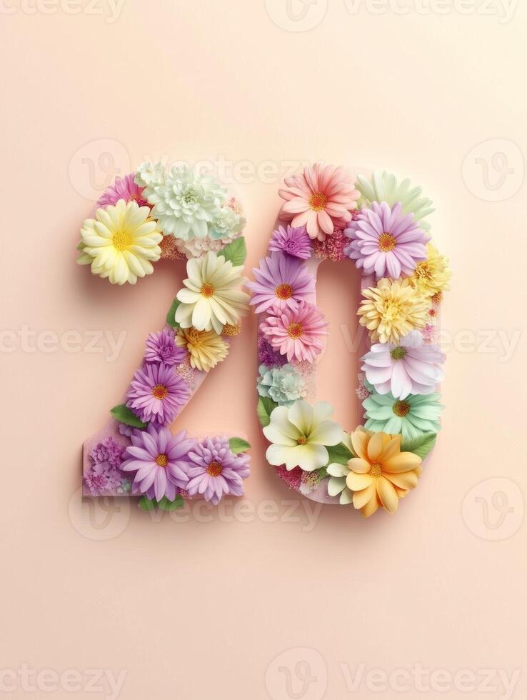 Floral number 20 design with pastel blooms for celebration and decoration photo