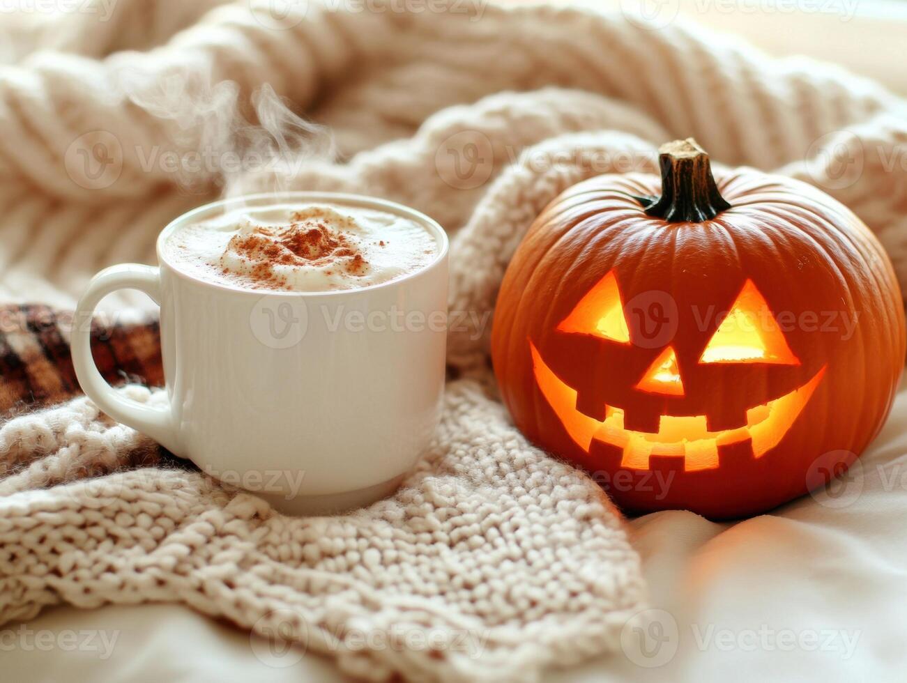 Cozy Halloween table scene with pumpkin carving and hot beverage on knitted blanket photo