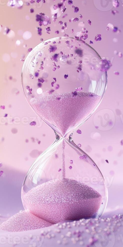 Modern transparent hourglass with dynamic pink glitter for elegant time concepts and decor photo