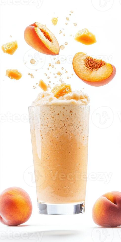 Ultra detailed floating peach smoothie in clear glass for refreshing summer design photo