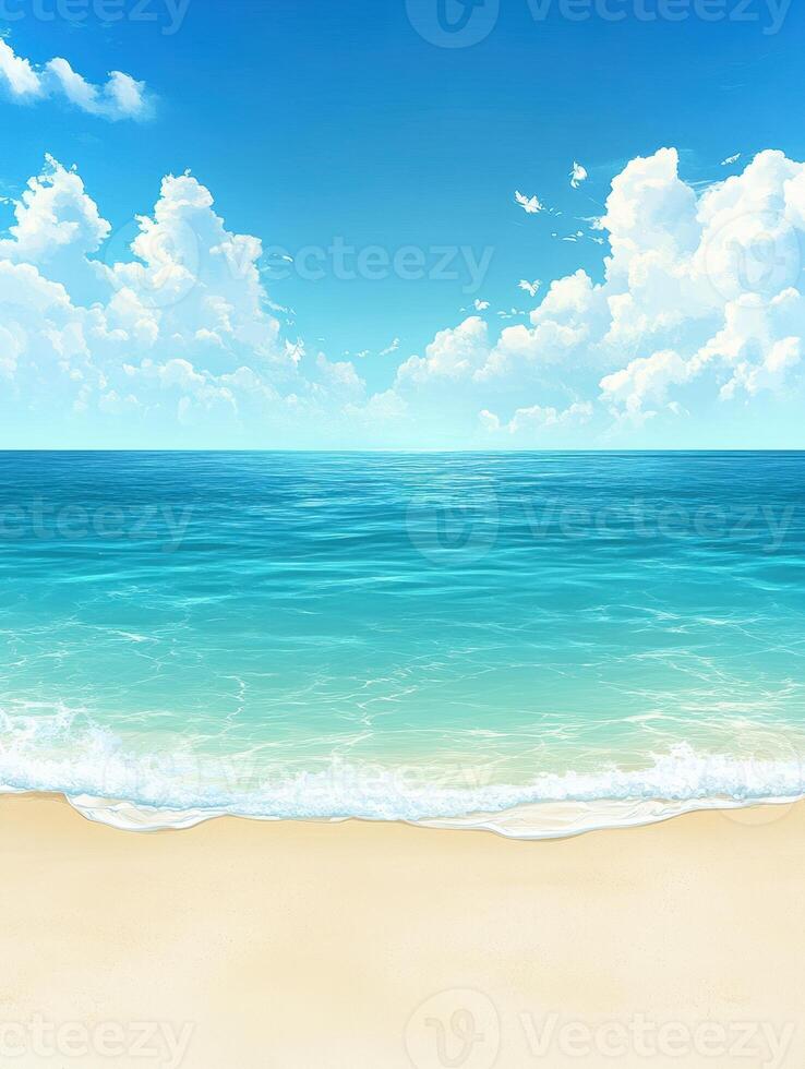 Tranquil tropical beach with clear blue water and cotton clouds under a bright sky photo