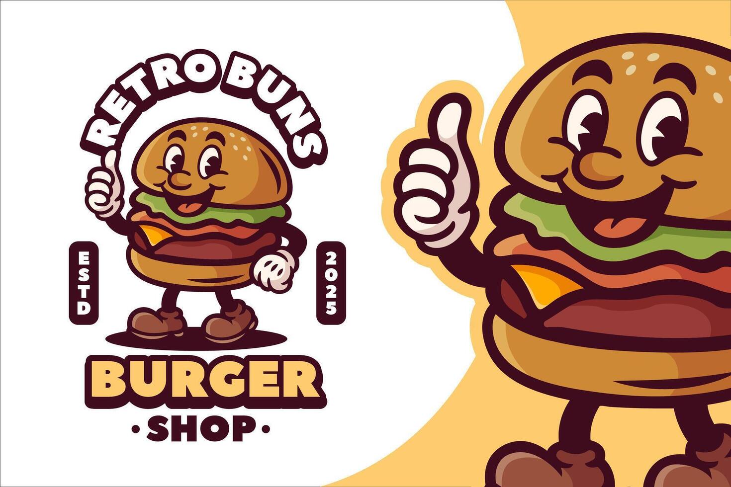 Cheerful Cheese Burger Retro Mascot Logo for Hamburger Shop and Cafe. Cartoon Character Illustration in Vintage Style vector