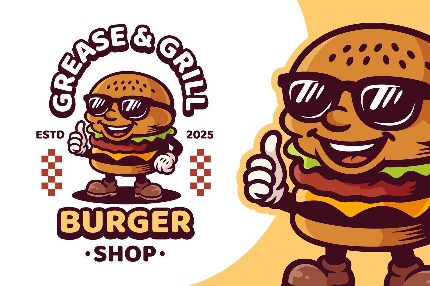 Cheese Burger Retro Mascot Logo for Hamburger Shop and Cafe. Cartoon Character Illustration in Vintage Style vector