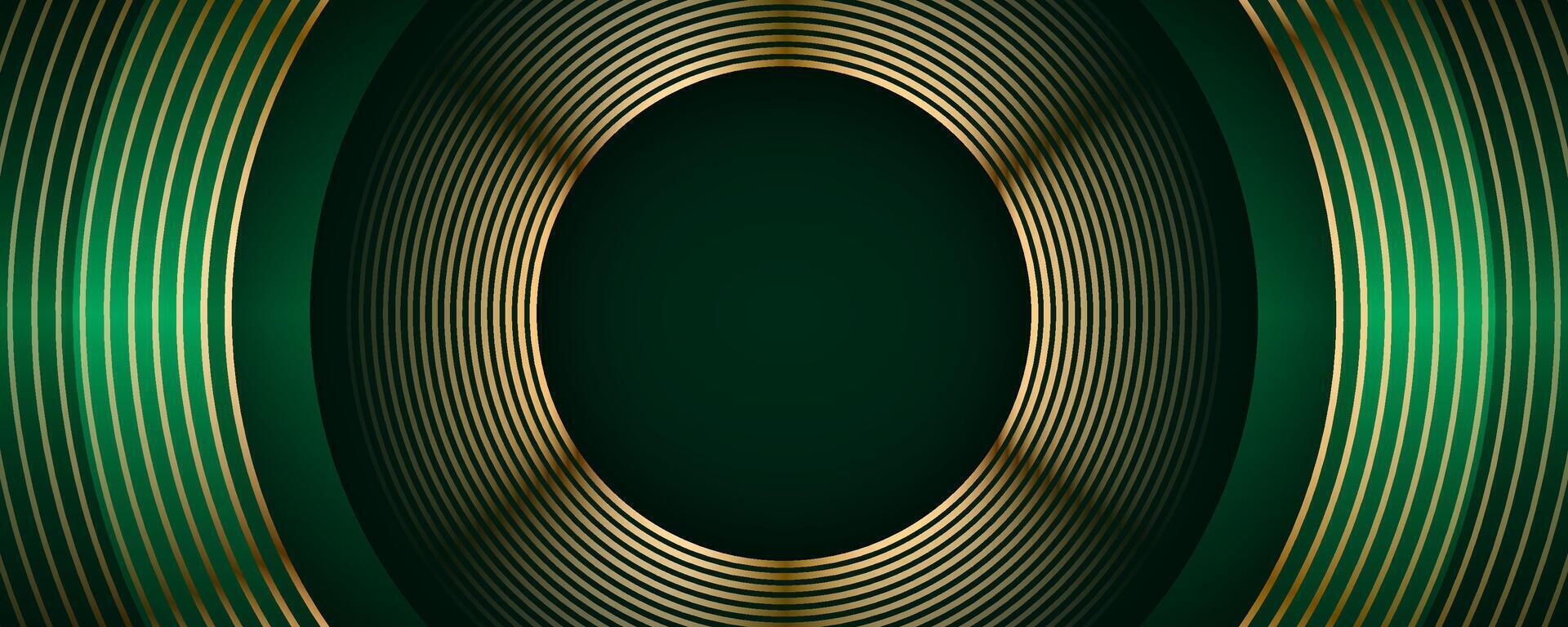 3D green luxury abstract background overlap layer on dark space with golden circles lines decoration. Modern graphic design element cutout shape style concept for web, flyer, card or brochure cover vector