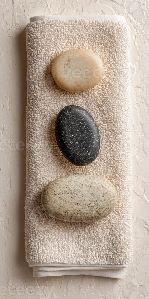 Spa wellness concept with rolled towel, massage stones, and herbal compress photo