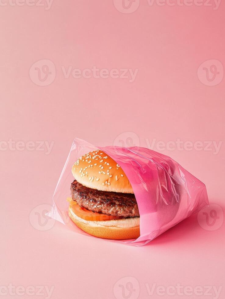 Half unwrapped burger in custom printed paper against pink background for fast food branding photo