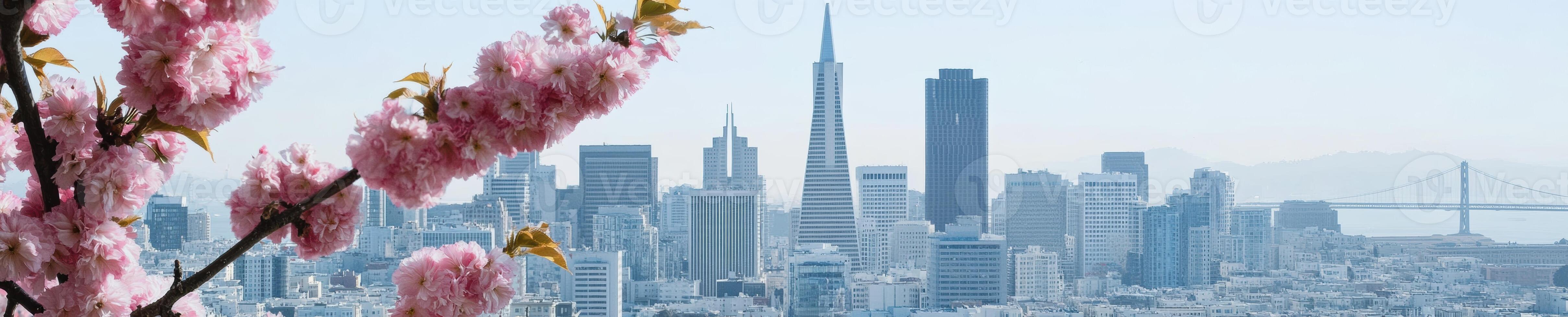 Cherry blossom branch and city skyline with bridge in springtime photo