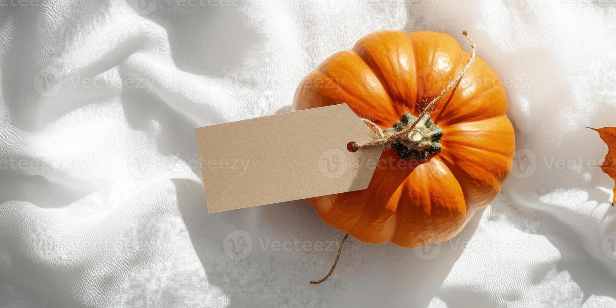 Autumn decoration with blank kraft label tag on pumpkin for seasonal design photo