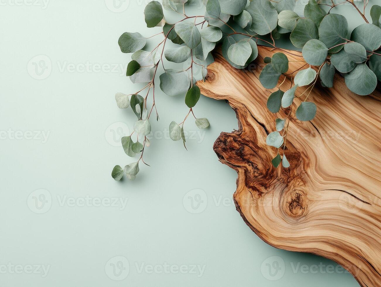 Minimalist nature composition with eucalyptus leaves on wooden surface for design inspiration photo