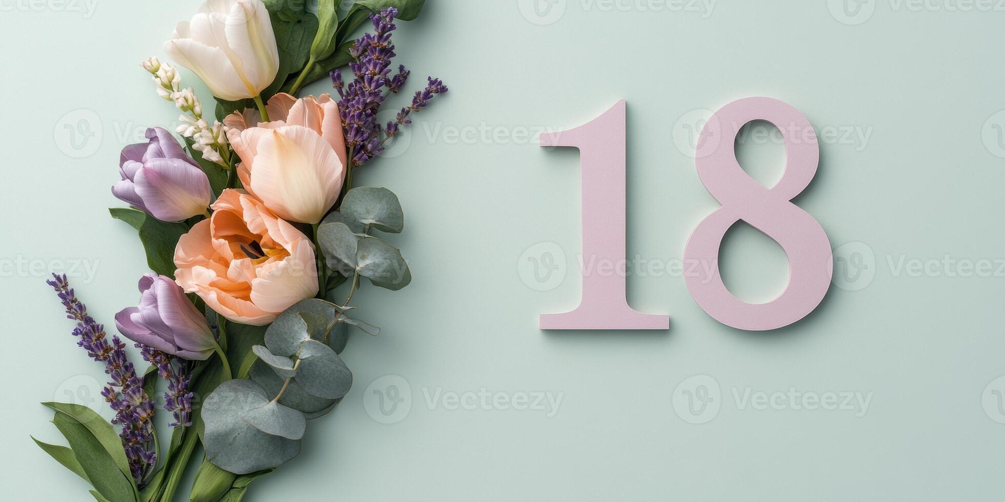 Elegant floral arrangement with number 18 using lavender and eucalyptus for special occasions photo