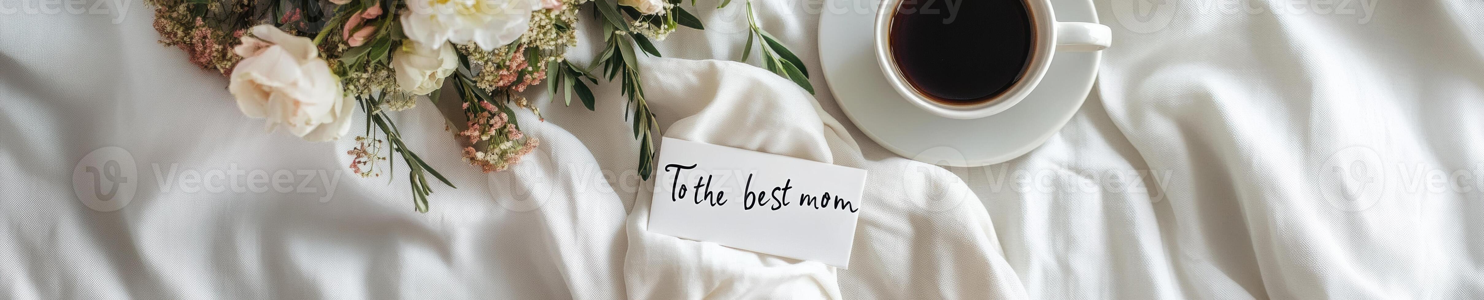 Minimalist breakfast tray with spring bouquet and coffee for mothers day inspiration photo