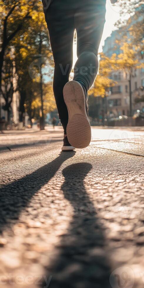 Dynamic urban jogging experience on sunny street photo