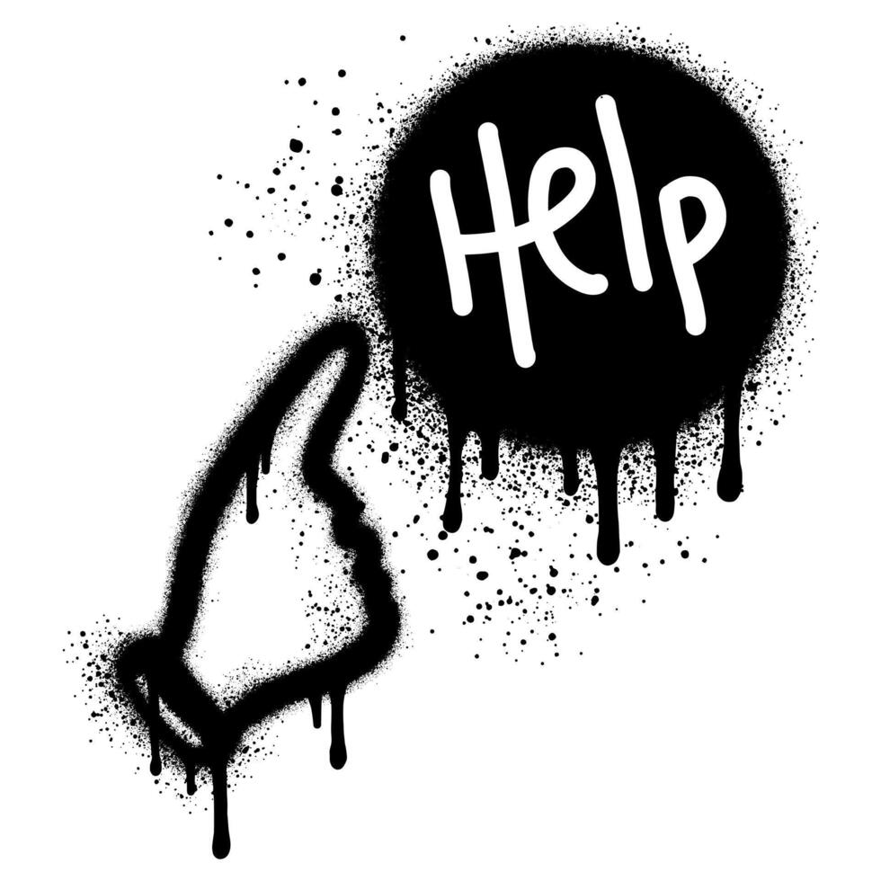 Graffiti icon of a hand pointing for help sprayed with black paint on white. vector