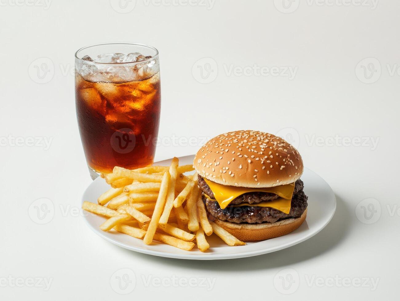 Minimalistic fast food meal with cheeseburger fries and iced beverage photo