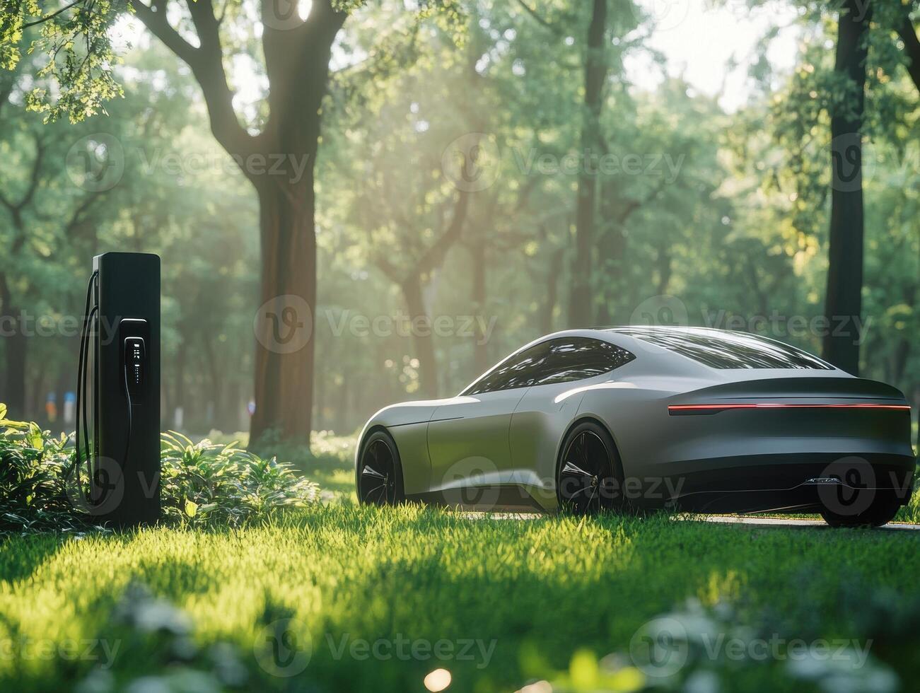 Ultra realistic electric vehicle in lush green forest setting for eco friendly design inspiration photo