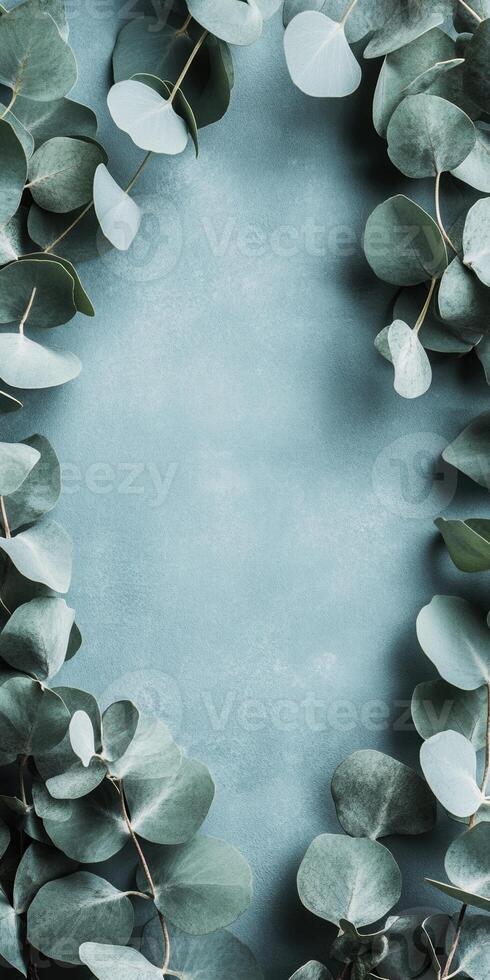 Ultra realistic high fidelity silver green eucalyptus leaves on textured background for natural design concepts photo
