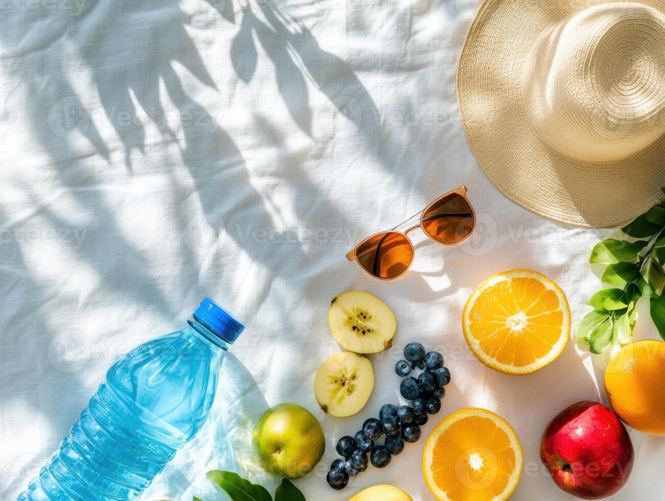 Summer picnic essentials with fruits and refreshments on a sunlit blanket photo