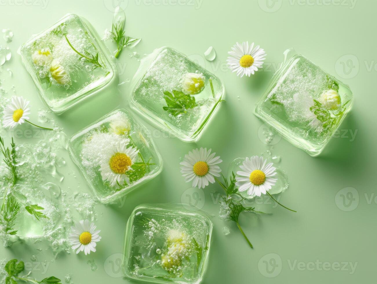 Fresh chamomile and herbs encased in square ice cubes for cooling and decoration photo
