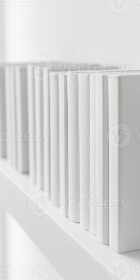 Minimalist white bookshelf with aligned books for modern interior design photo