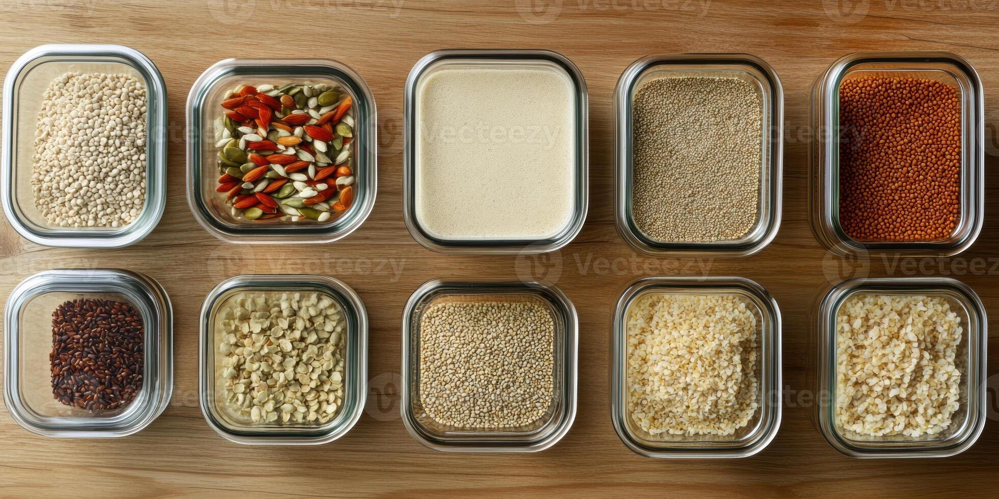 Ultra realistic glass containers with assorted grains and seeds on wooden surface photo