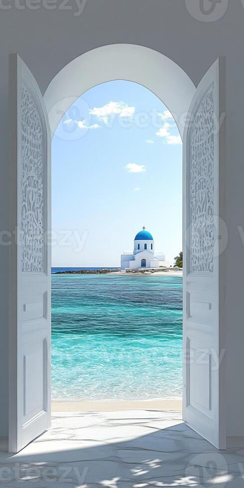 Breathtaking ocean view through tall open door with blue domed church and sunny sky photo