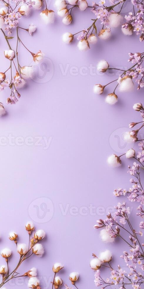 Minimalist floral arrangement with delicate blossoms on light purple background photo