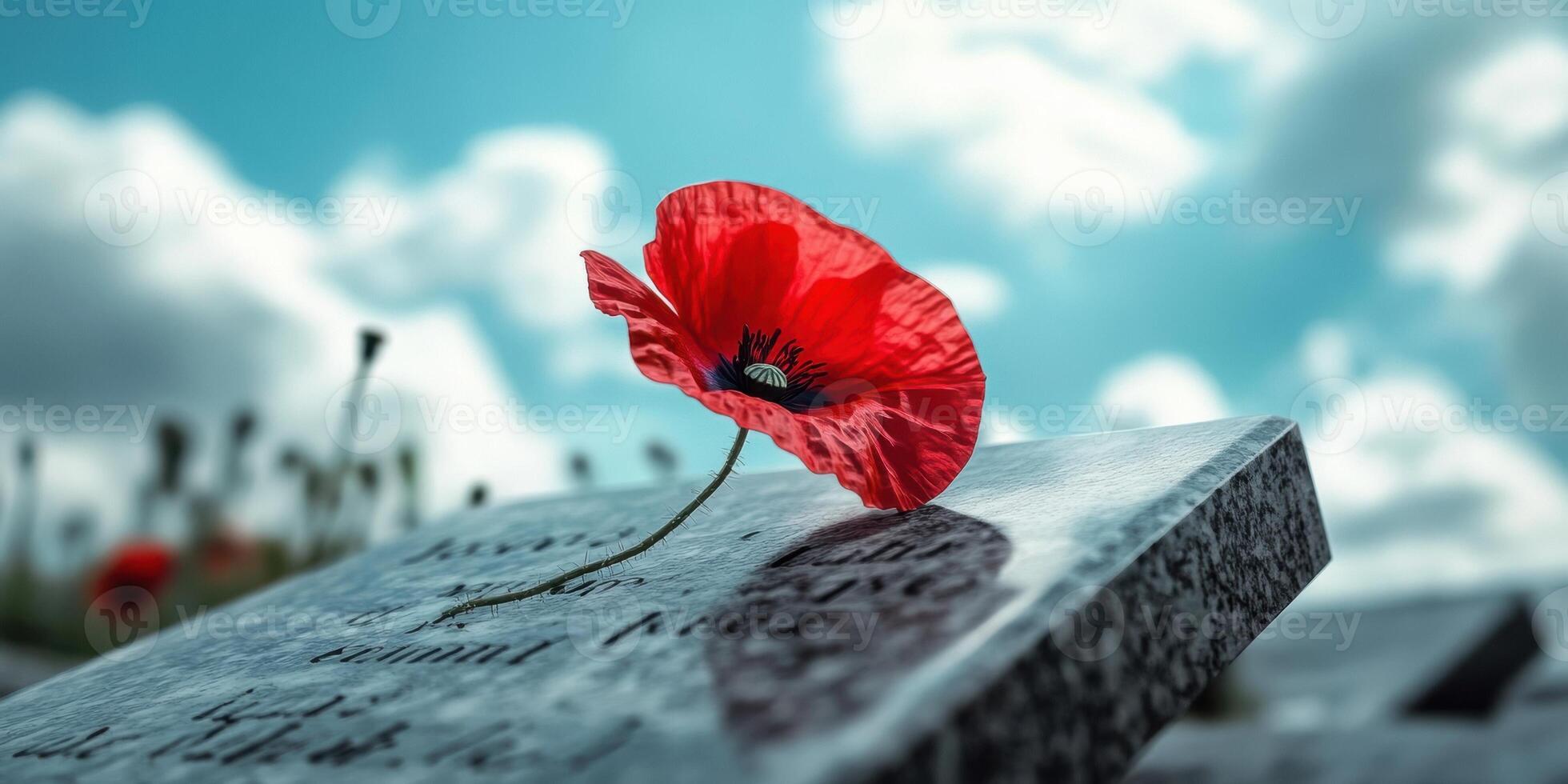 Ultra realistic red poppy on memorial stone against cloudy sky, high fidelity detail photo
