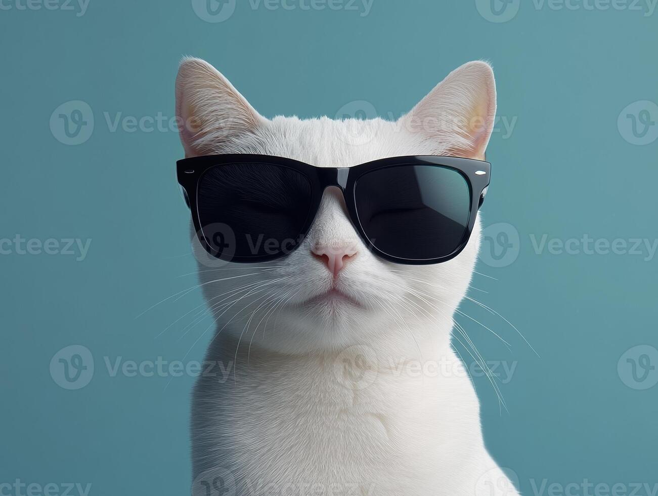 Ultra realistic close up portrait of relaxed white cat wearing sunglasses photo