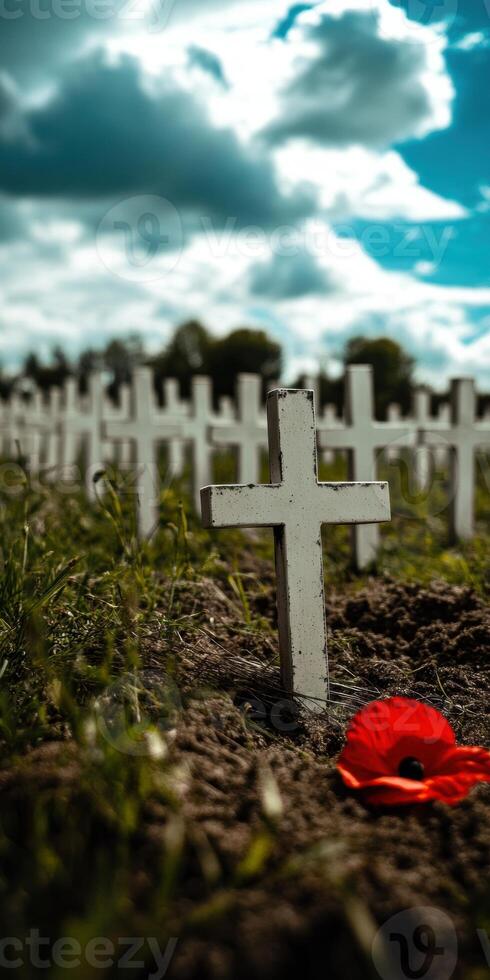 Ultra realistic landscape of white crosses in a field with a red flower symbolizing remembrance photo