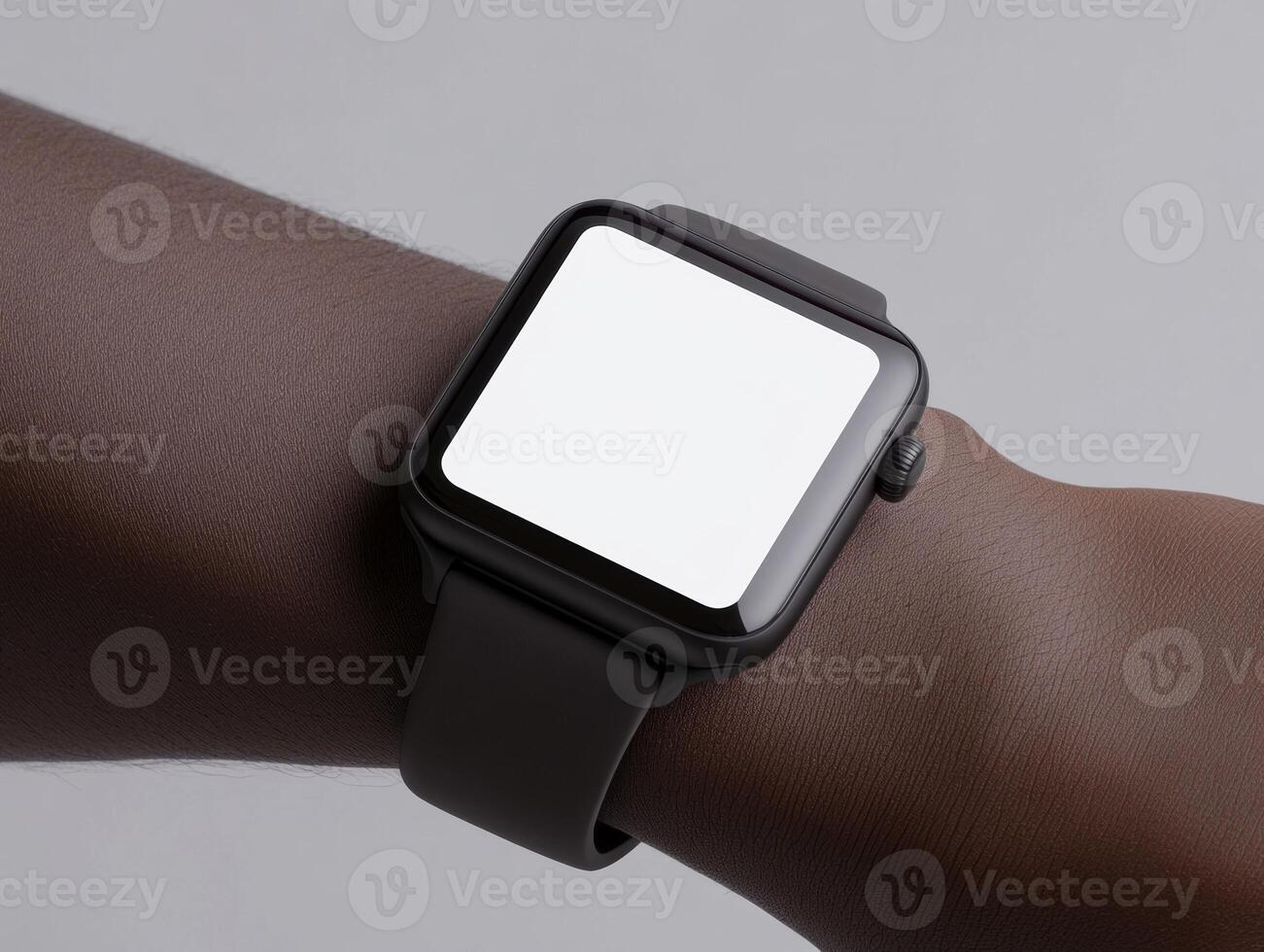Modern smartwatch on wrist against light background for technology design photo