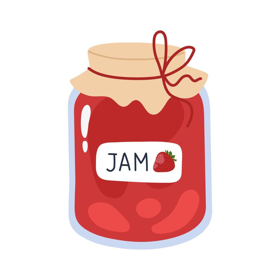 Glass jar with strawberry jam. Red fruit preserve with label and lid. Minimalist cartoon style, perfect for food packaging, recipe blogs, or kitchen decor. Flat illustration vector