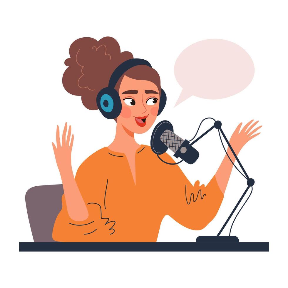 A cheerful woman wearing headphones is speaking into a professional microphone while recording a podcast. She gestures expressively, sitting at a desk with a speech bubble. Flat illustration vector