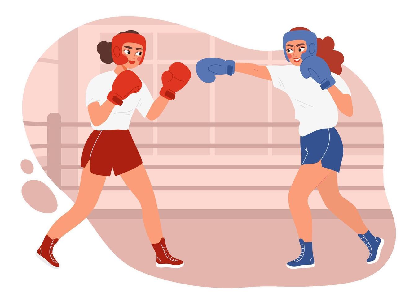 Illustration of two women boxing in a ring. Female athletes in sportswear and protective gear practicing punches during sparring session. Active lifestyle, self-defense, and competition concept vector