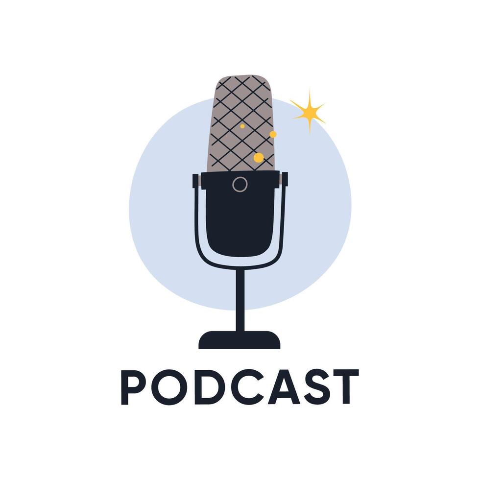 illustration of a vintage podcast microphone icon with sparkles on a light background. Minimalistic flat design concept for audio broadcasting, podcasting, online radio, or media logo. vector