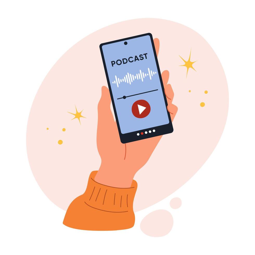 Hand holding a smartphone with a podcast app on the screen. Shows sound waves and play button. Concept of audio streaming, mobile entertainment, and digital media. Flat illustration vector