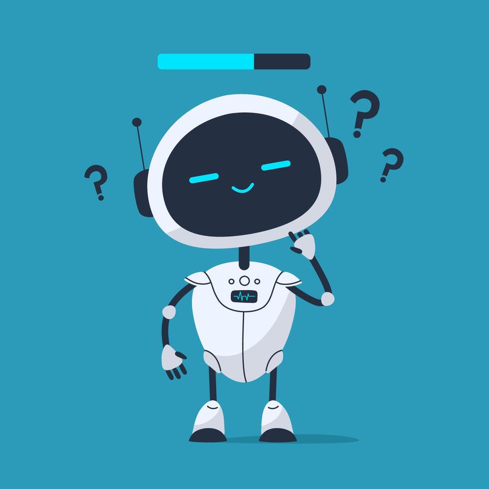 Robot with tilted head and question mark above, expressing confusion. Great for help sections, loading screens, or UX feedback vector
