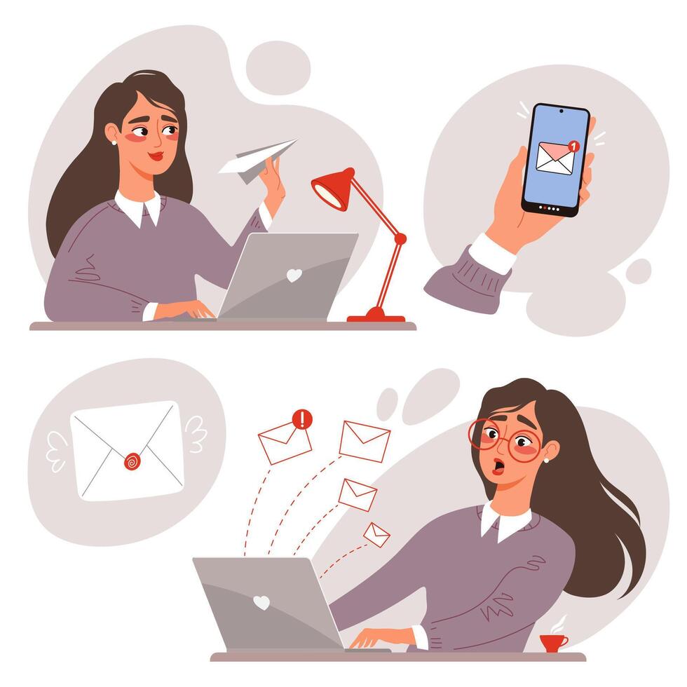 Business correspondence and mailing concept. Woman sending messages and receives customer feedback. Flat illustration vector