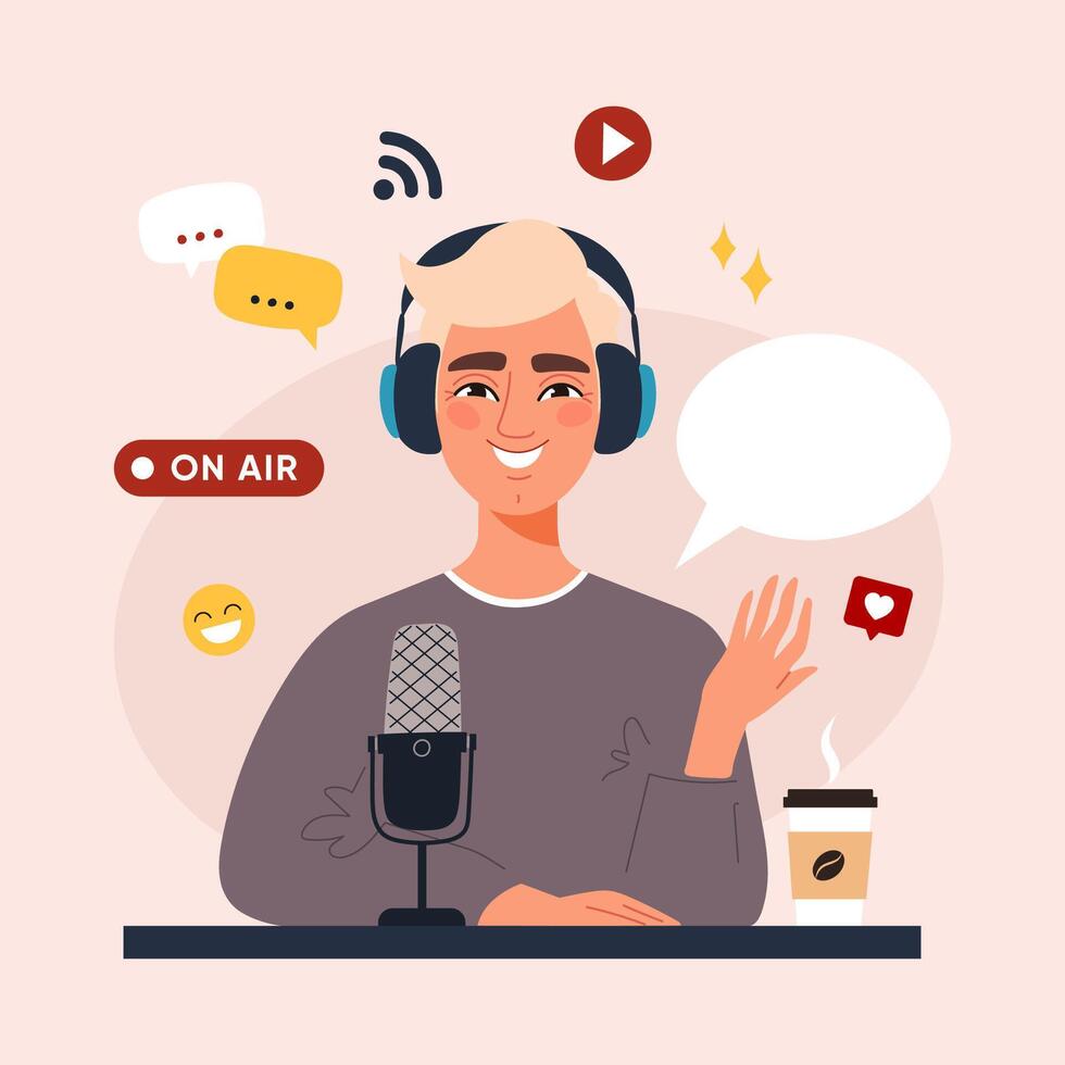 A cheerful male podcast host with blonde hair is speaking into a microphone while wearing headphones. He s live on air, surrounded by speech bubbles, icons, and holding a coffee cup vector
